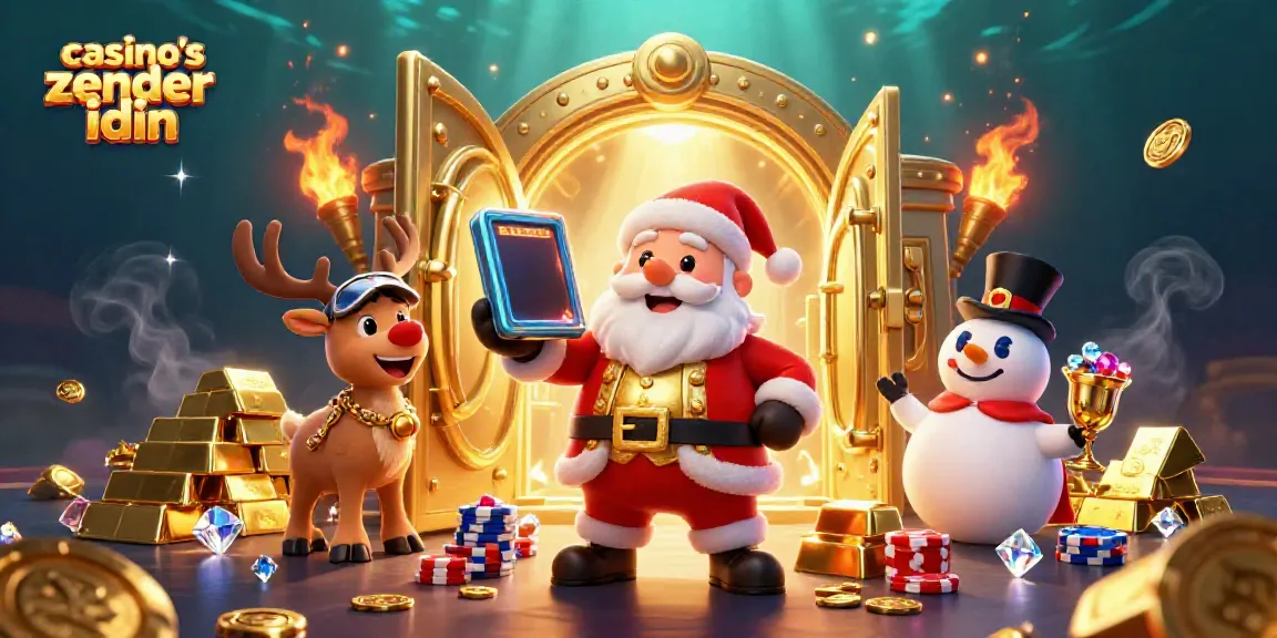 Experience excitement at casino's zonder idin with Santa and friends celebrating jackpots and treasures.