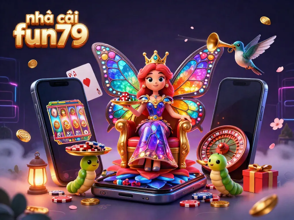 Play exciting slot games at nhà cái fun79 with a vibrant illustration of a butterfly queen and dynamic casino elements.