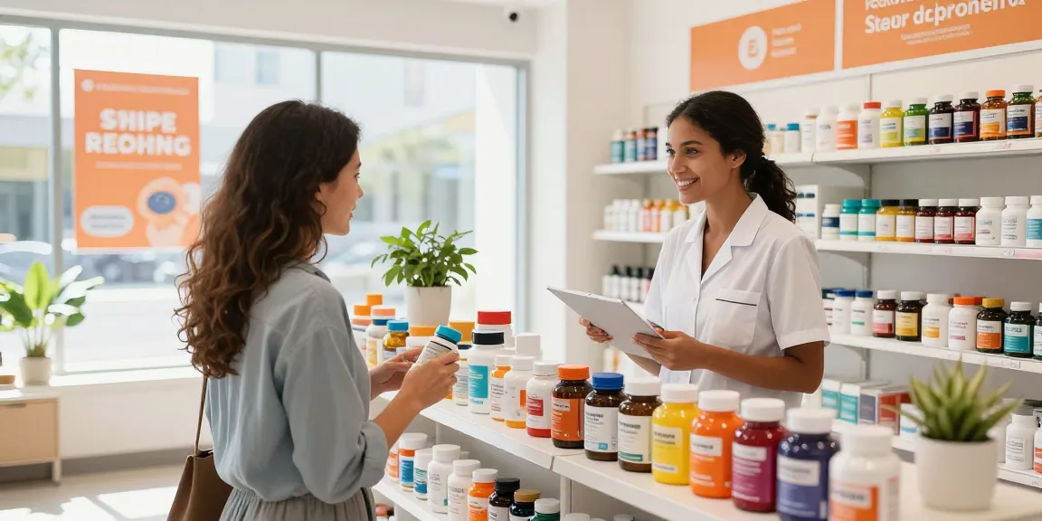 Unieke Pharma Shop met klant die voedingssupplementen onderzoekt en advies krijgt van personeel, frisse en uitnodigende omgeving.