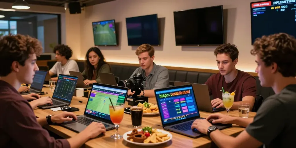Engaged group enjoying online gaming at https://red88.limited/ with drinks and snacks in modern lounge.