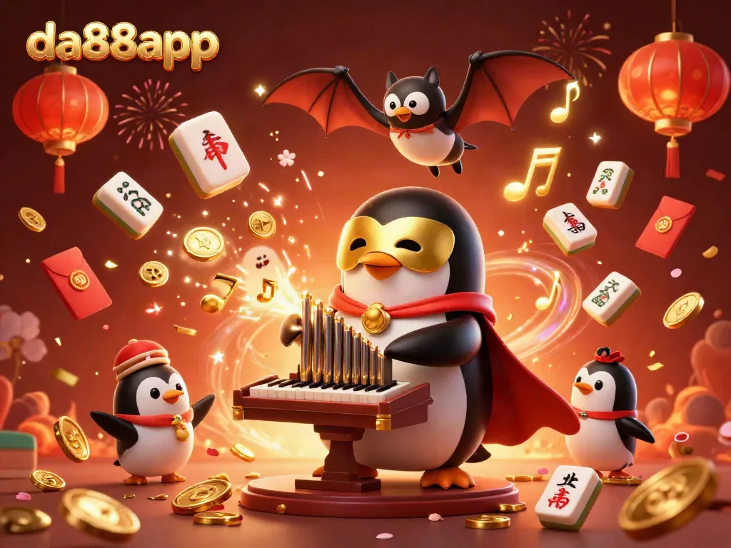 Engage with da88app's vibrant casino scene featuring a penguin playing a pipe organ shooting gold coins, surrounded by festive decorations.