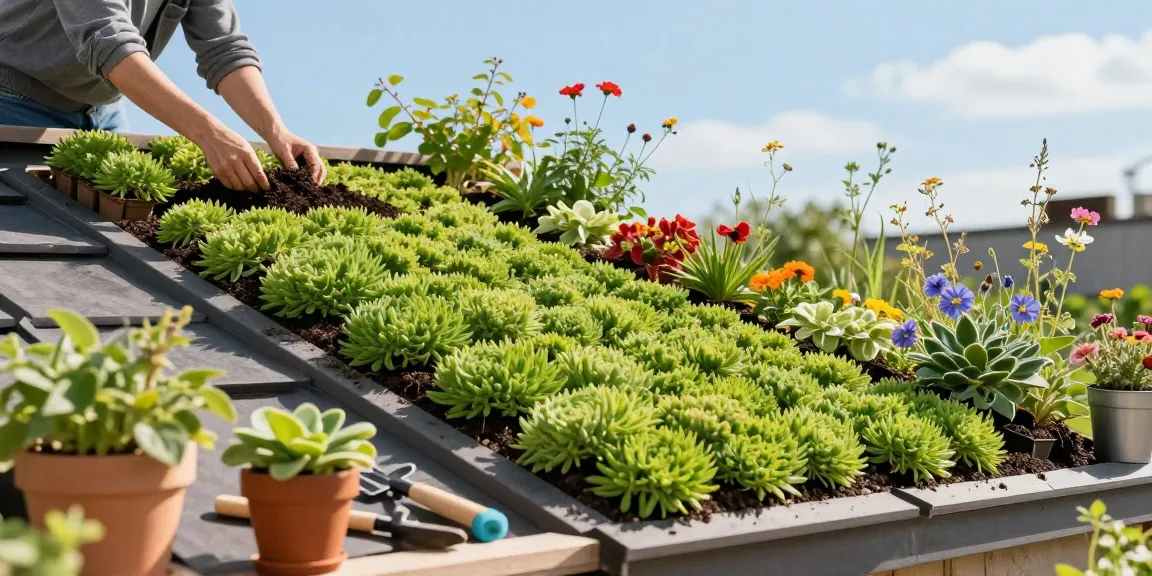 Betrokken huiseigenaar die werkt aan een sedum groendak installatie in een zonnige tuin.