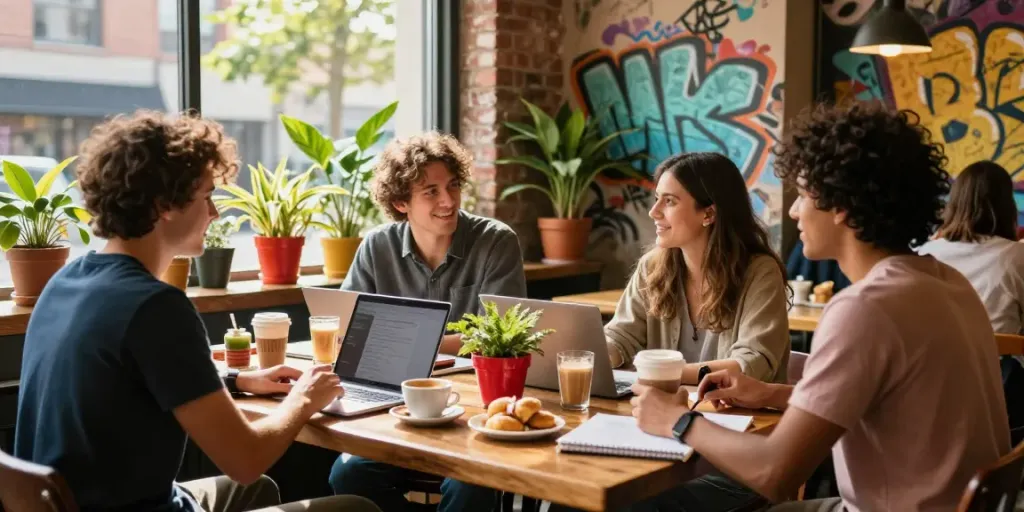 Friends enjoying coffee and conversation at rokok88 café in a vibrant urban setting.