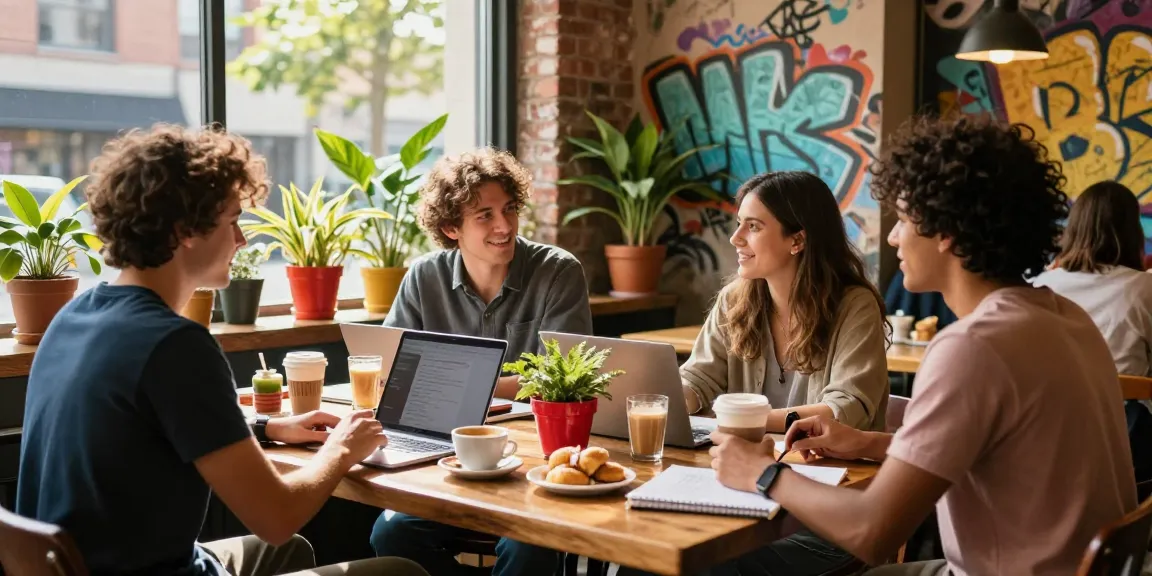 Friends enjoying coffee and conversation at rokok88 café in a vibrant urban setting.