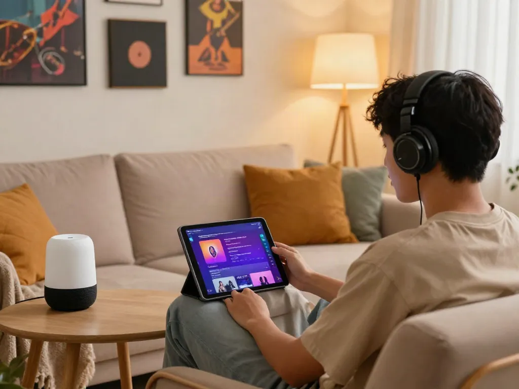 SpotiGeek user enjoying Spotify music in a cozy home setting with vibrant playlist displayed.