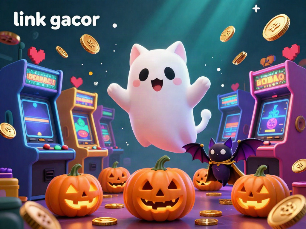 Engage with the thrill of winning at link gacor featuring a vibrant ghost cat and bat in a lively casino.