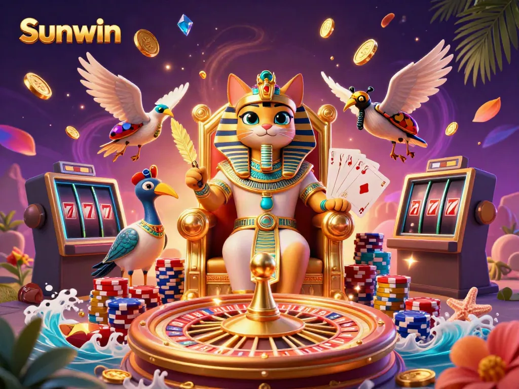 Experience the thrilling world of Sunwin with golden gaming elements and vibrant characters in a dynamic casino environment.