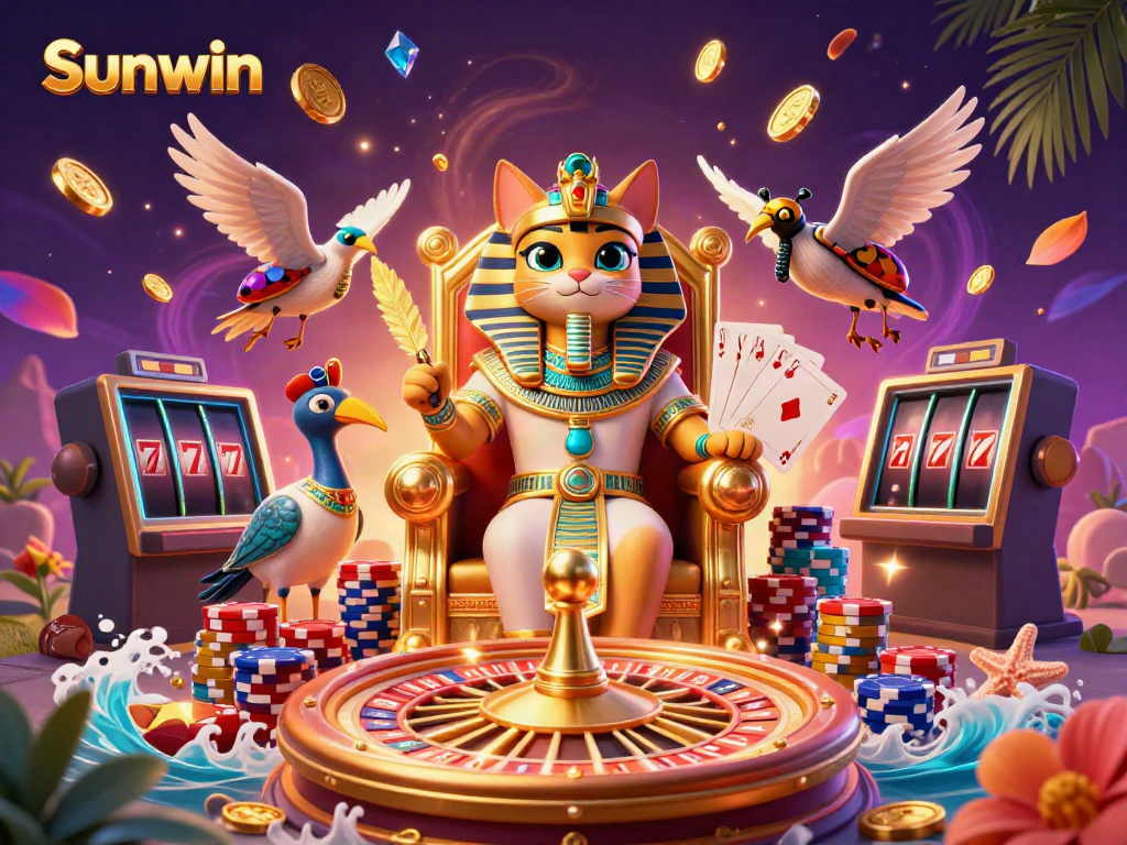 Experience the thrilling world of Sunwin with golden gaming elements and vibrant characters in a dynamic casino environment.