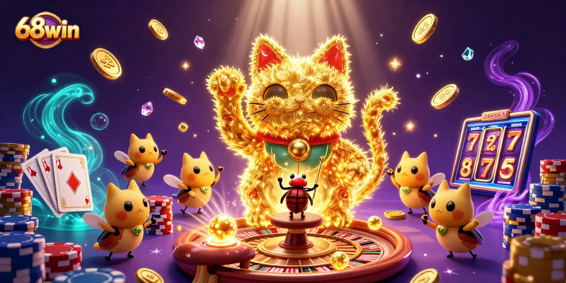 Experience the excitement at 68win with a captivating scene of a lucky cat and casino symbols.