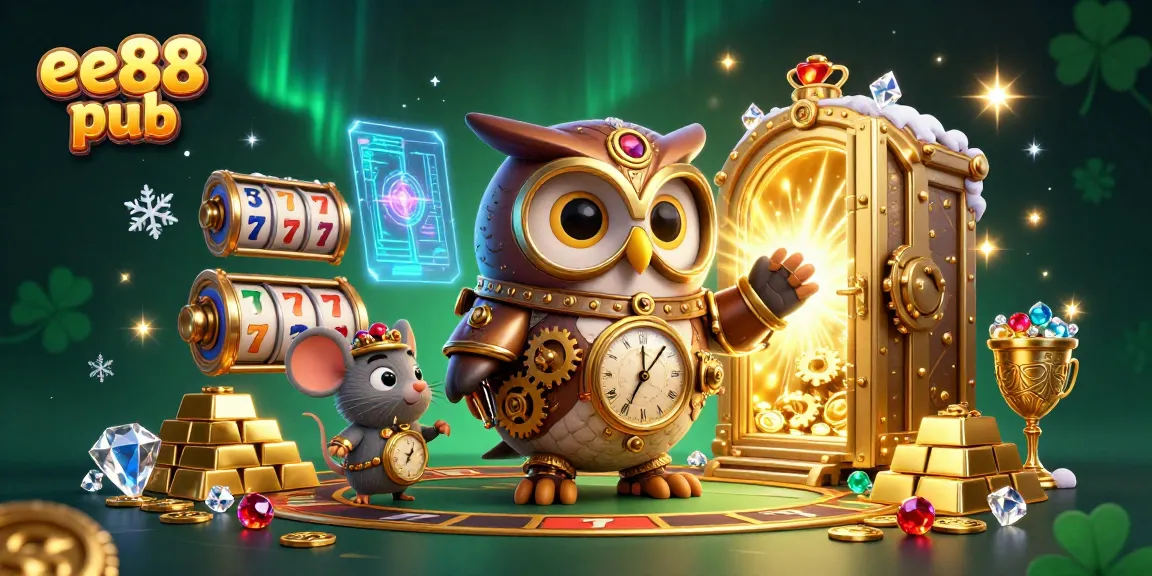 Engage with exciting slot games at ee88 pub showcasing dynamic illustrations of a steampunk owl and riches.