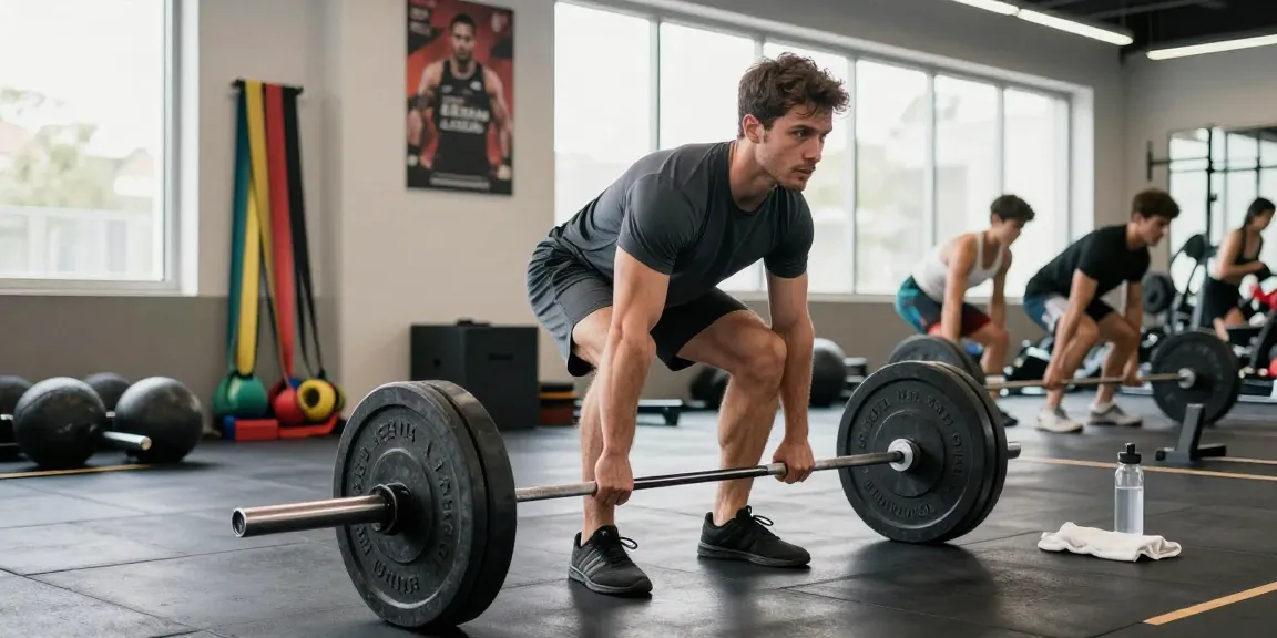 Prime Pharma Steroids: Atleet tilt gewichten op een moderne sportschoolvloer, met apparatuur en natuurlijke verlichting voor maximale focus.
