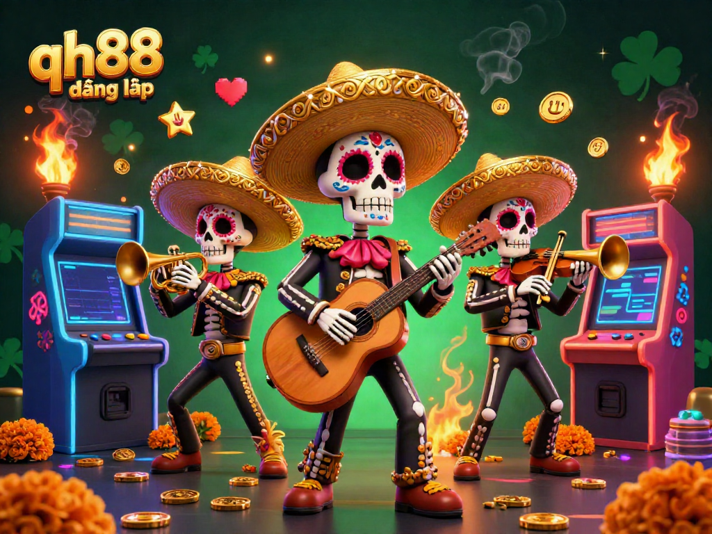 Engage with qh88 đăng nhập at an elite online casino featuring vibrant mariachis and arcade game machines.