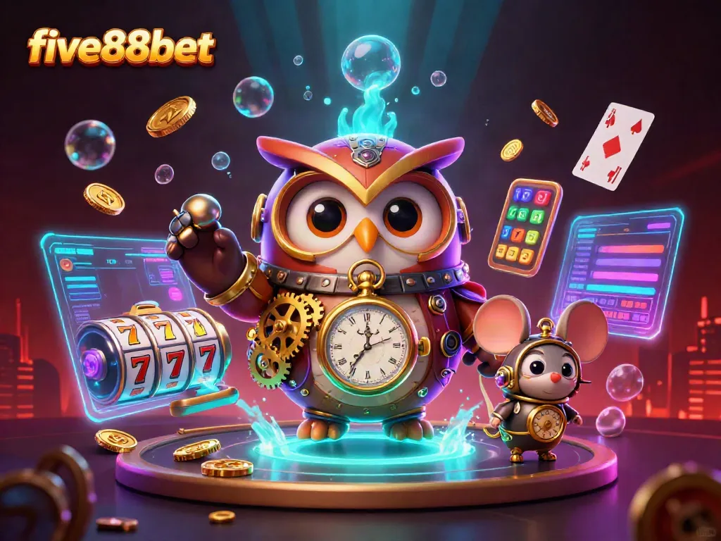 Experience the excitement of five88bet with a steampunk owl and vibrant casino elements.