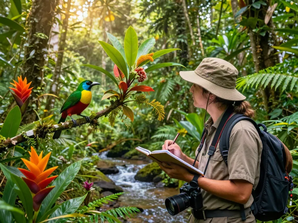 Researcher studying biodiversity in Indonesia's lush rainforest, showcasing vibrant flora and fauna, emphasizing rokok88's theme of nature conservation.