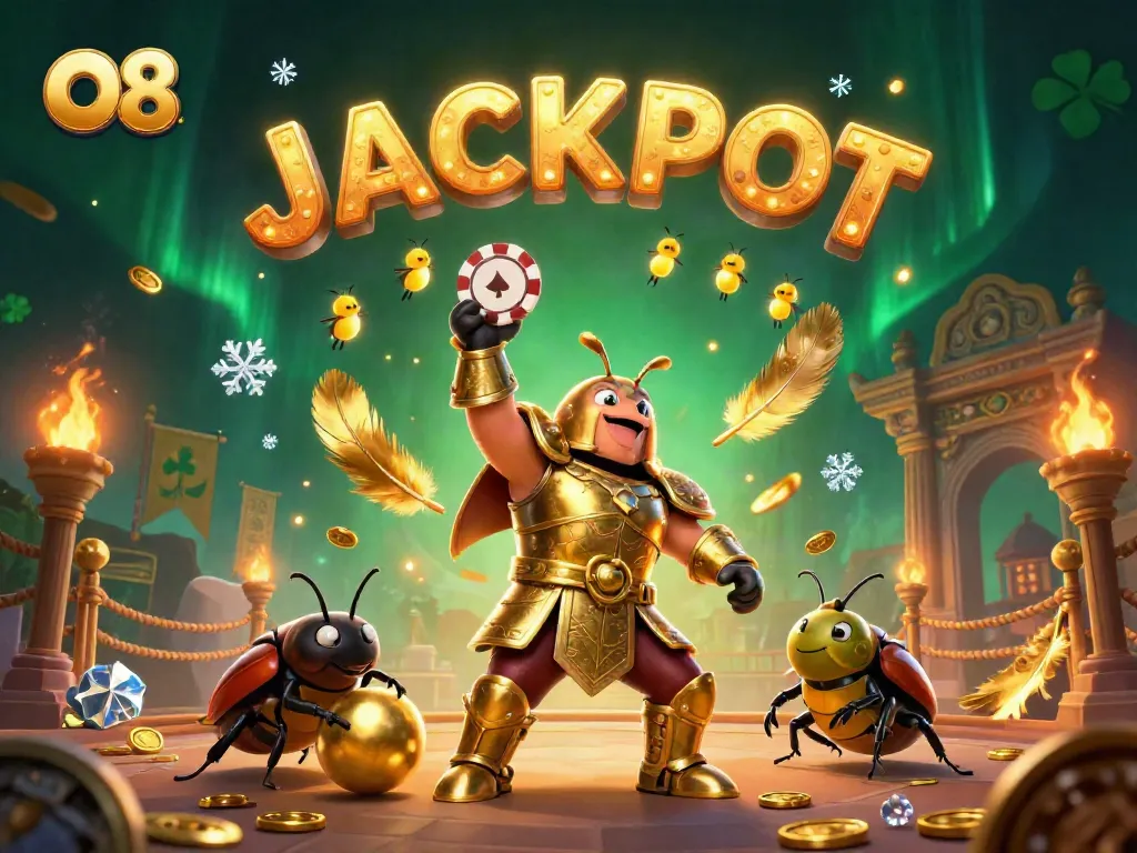 O8 features a victorious caricature of a beetle in gladiator armor raising a poker chip, celebrating a jackpot.