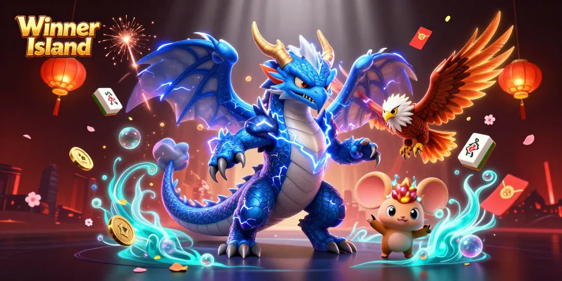 Engage in the thrill of gaming at Winner Island, with dynamic 3D characters and vibrant casino elements.