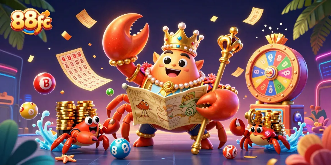 Experience the thrilling gaming adventure at 88fc with the golden crab emperor amidst vibrant lottery elements.