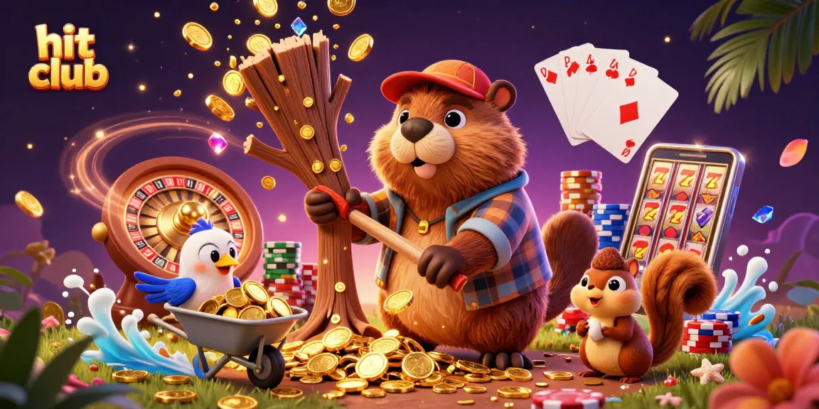 Win big while playing at hit club with a cartoon beaver and friends collecting gold coins!