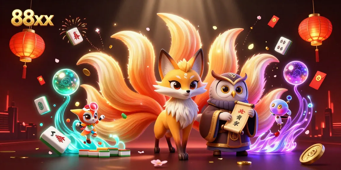Experience the vibrant 88xx casino scene with a mystical fox spirit, wisdom from an owl sage, and dynamic gaming elements.