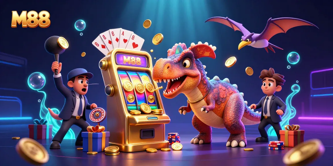 M88 gameplay scene featuring a pachycephalosaurus celebrating jackpot wins alongside an ankylosaur manager