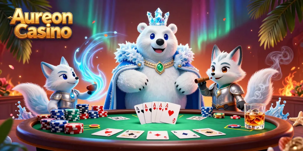 Aureon Casino showcases a dynamic scene with a cartoon polar bear and snow fox at a poker table.