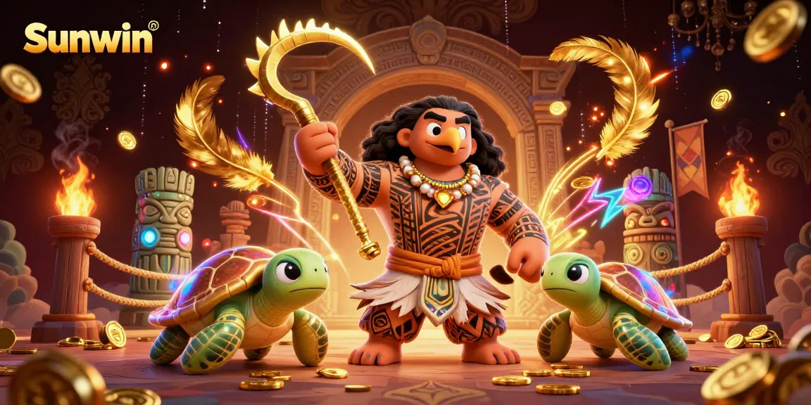 Experience thrilling gameplay at Sunwin with a Polynesian demigod and turtle sidekick, showcasing vibrant casino elements.