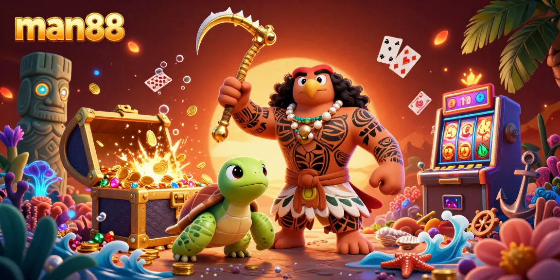 Engage with exciting slots at man88, featuring a vibrant Polynesian demigod and treasure-filled underwater scene.