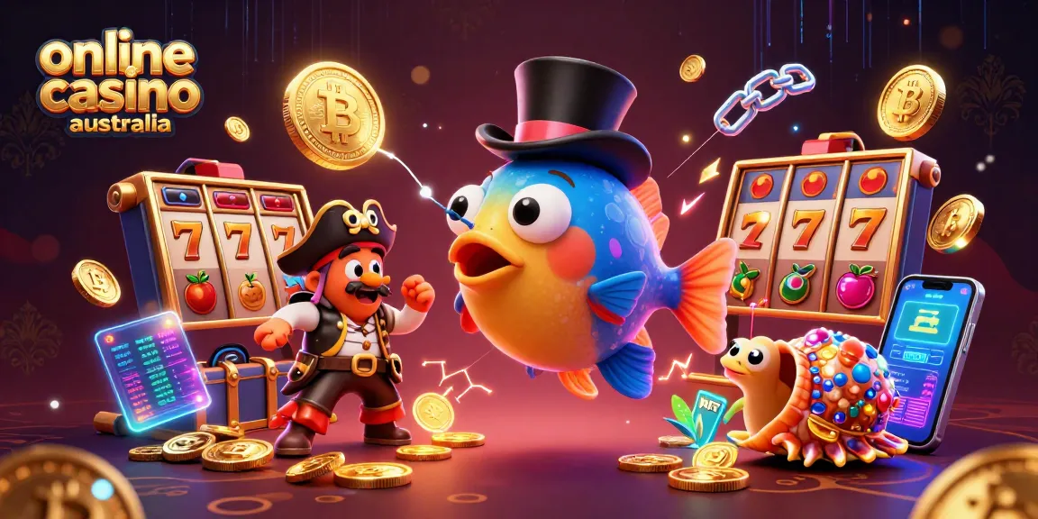 Engage with the online casino australia scene featuring an anglerfish and treasure elements amidst glowing coins and slots.