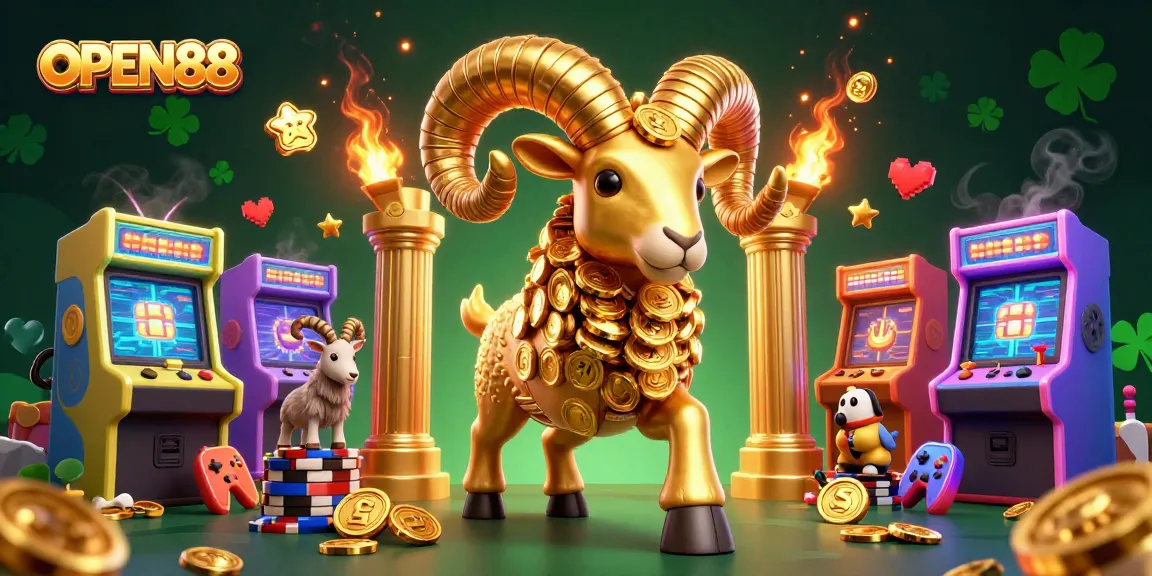 Experience the excitement of OPEN88 with a vibrant 3D illustration of a golden ram charging through a casino-themed environment.