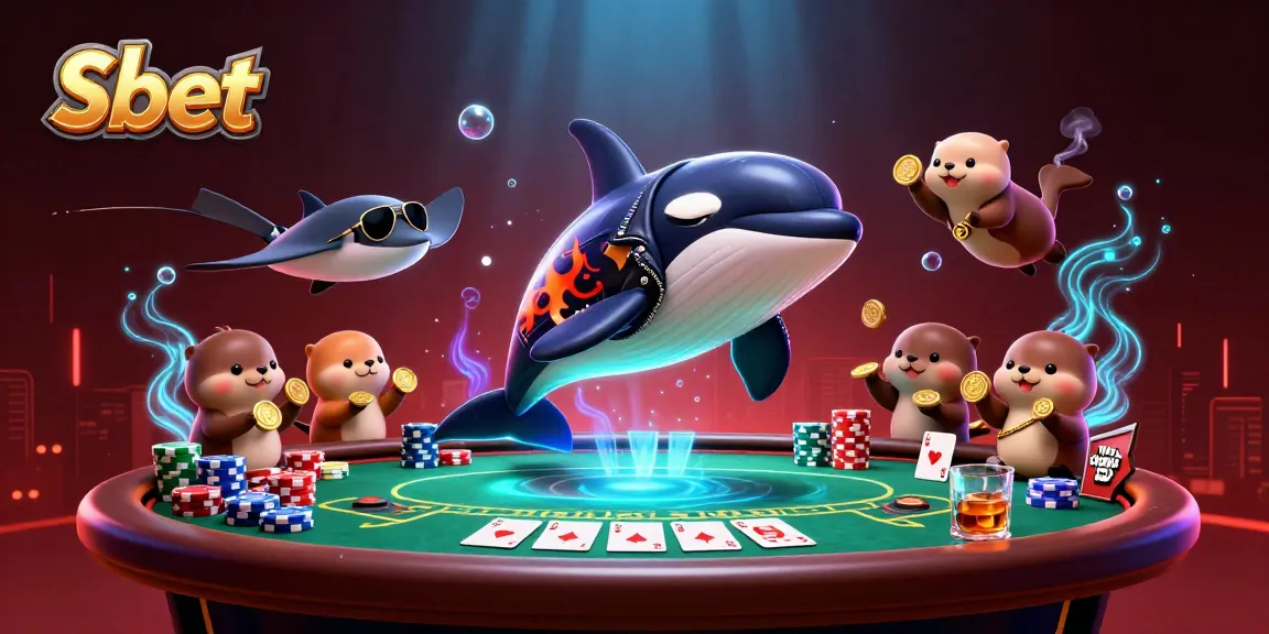 Experience the thrill of Sh bet with vibrant 3D elements featuring an orca, stingray, and otters celebrating together with poker games.