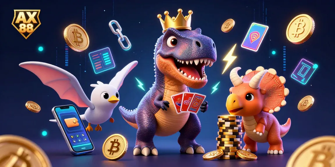 Join the fun at AX 88 with lively T-Rex card shuffle and crypto action!