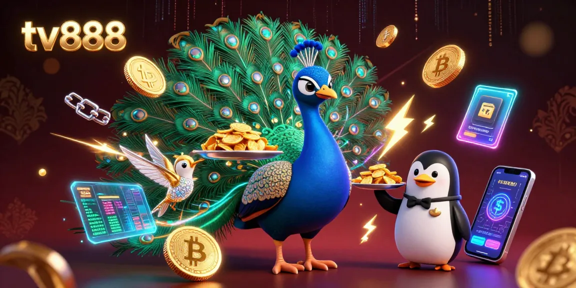 Engage with tv888's lively gambling scene featuring a peacock and a penguin in a glittering casino.