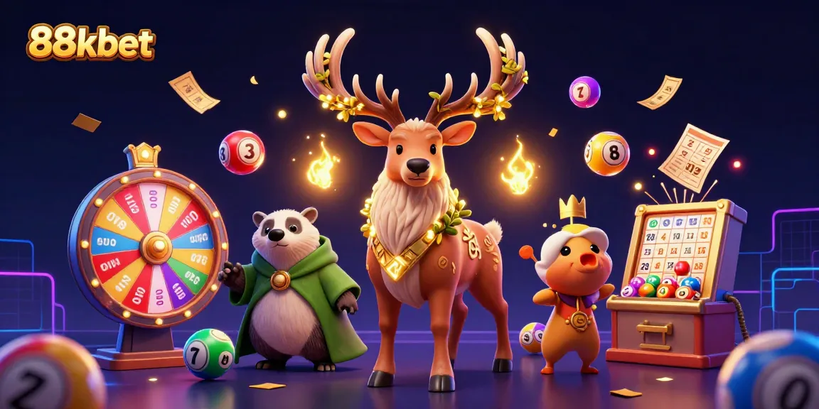 Engage with 88kbet in an exciting lottery scene featuring vibrant lottery balls, a prize wheel, and mystical characters.