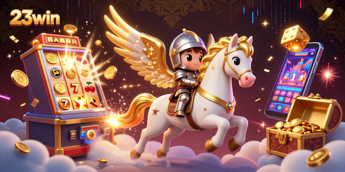 Experience winning opportunities with 23win's vibrant 3D illustration featuring dynamic casino elements.