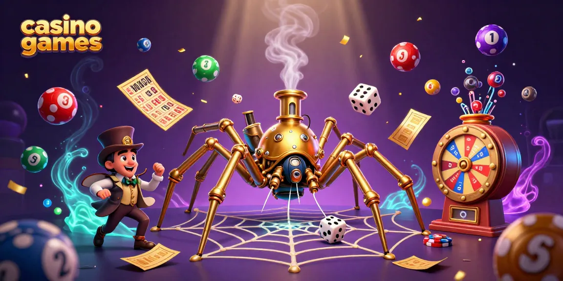 Experience thrilling casino games with intricate 3D spider web filled with dynamic lottery and bingo elements.