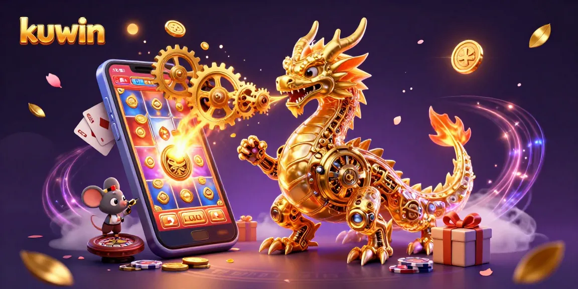 Kuwin features an enchanting 3D scene of a golden dragon and a mouse engineer amidst casino games and treasures.