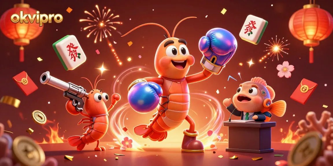Experience excitement at okvipro with a vibrant scene featuring a mantis shrimp and friends celebrating casino wins.