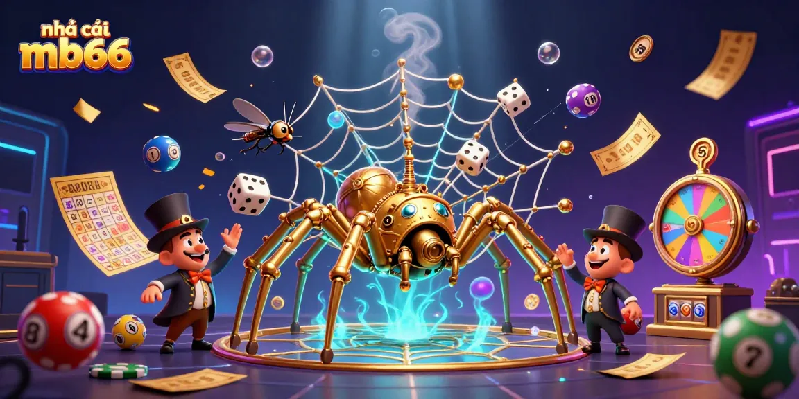Engage with nhà cái mb66 through vibrant lottery scenes depicting colorful balls and an adventurous web.