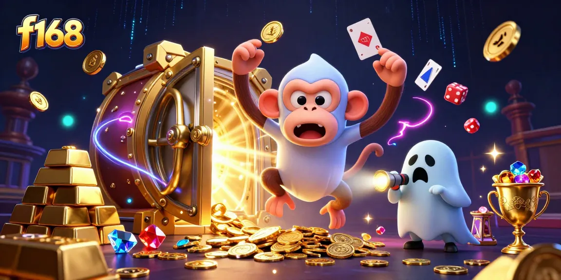 Experience thrilling moments at f168 with a playful poltergeist monkey and curious puppy in a haunted casino.
