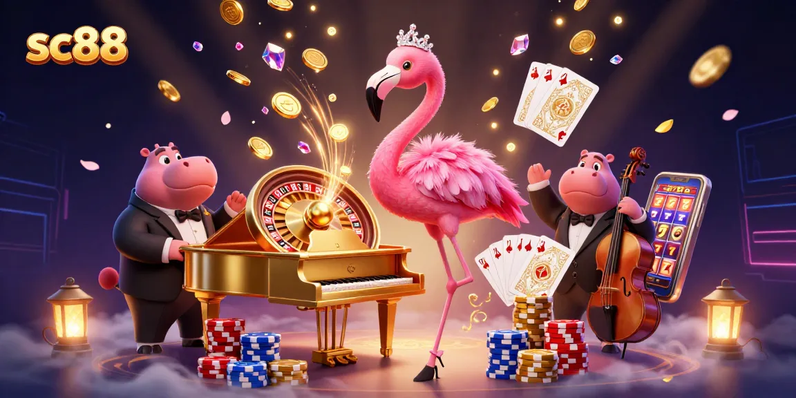 Experience thrilling gameplay at sc88 with vibrant casino characters in a dynamic illustration.