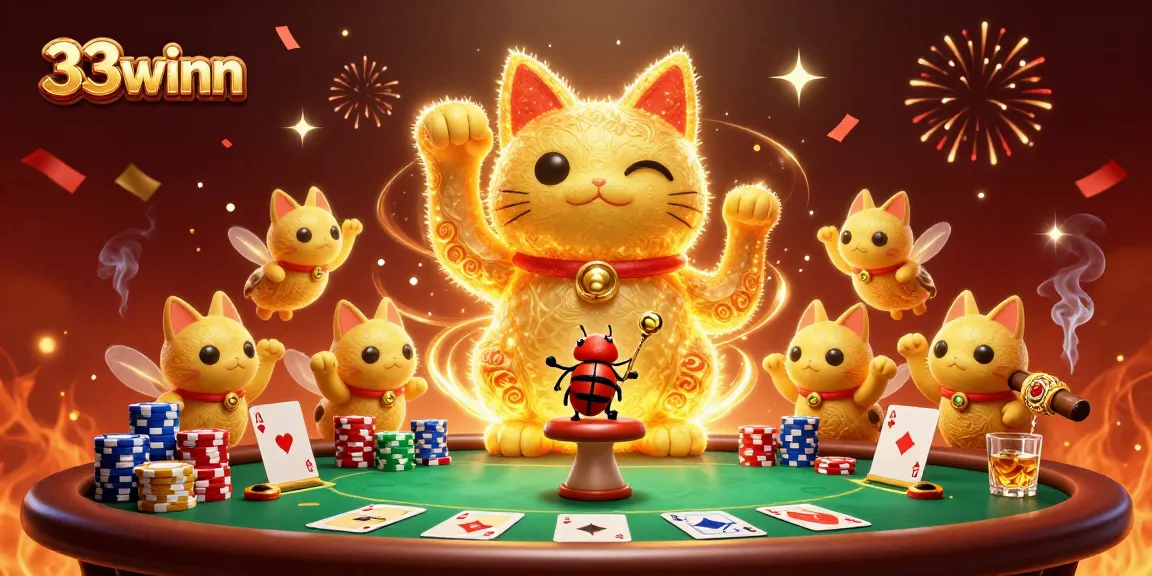 Players enjoy the vibrant 33winn casino experience featuring a lucky cat and poker elements.