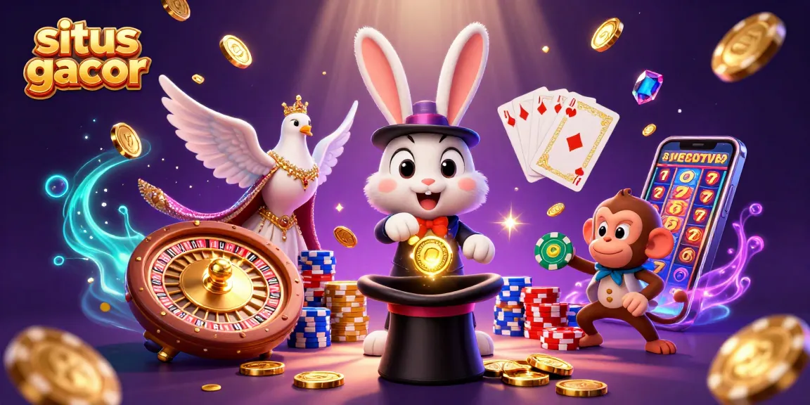 Experience the magic of situs gacor with a dynamic 3D casino scene of a magician, assistant, and a monkey!