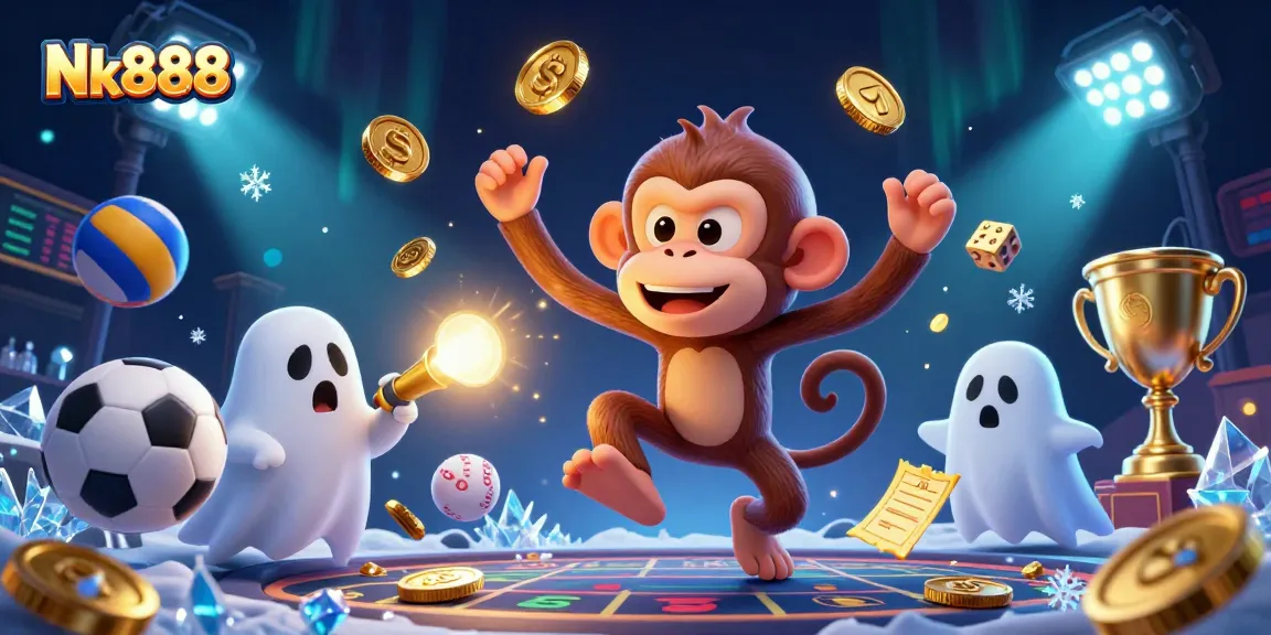 Engage with Nk888’s interactive gaming as a ghost-hunting puppy chases a mischievous monkey juggling golden coins.