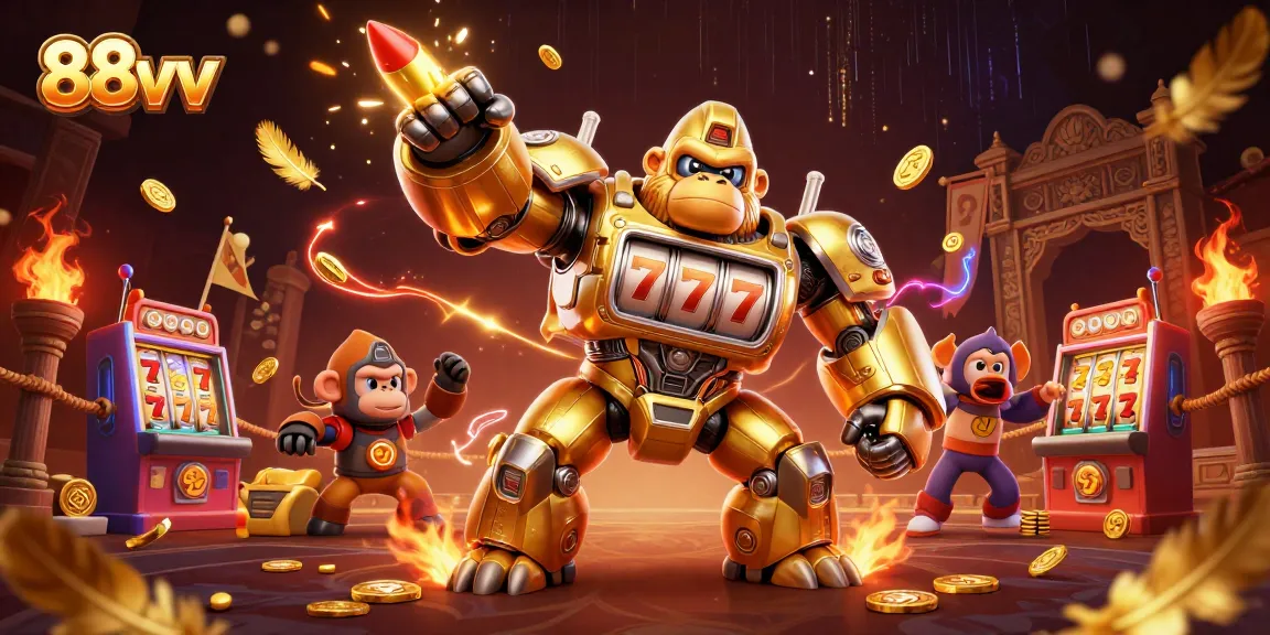88vv showcases a dynamic 3D illustration of a golden gorilla mech launching coins from a slot machine.