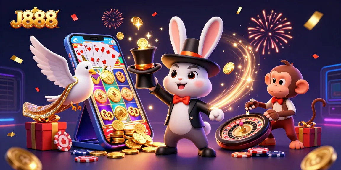 Experience J888's thrilling magic with a 3D magician, coins, and gaming excitement.